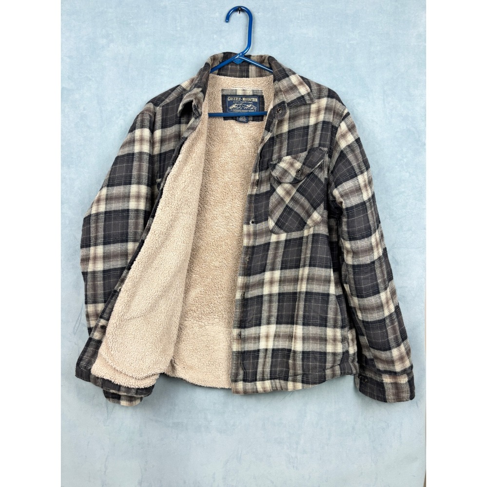 Grizzly Mountain Mens Plaid Sherpa Lined Flannel Shirt Jacket Brown Tan Medium